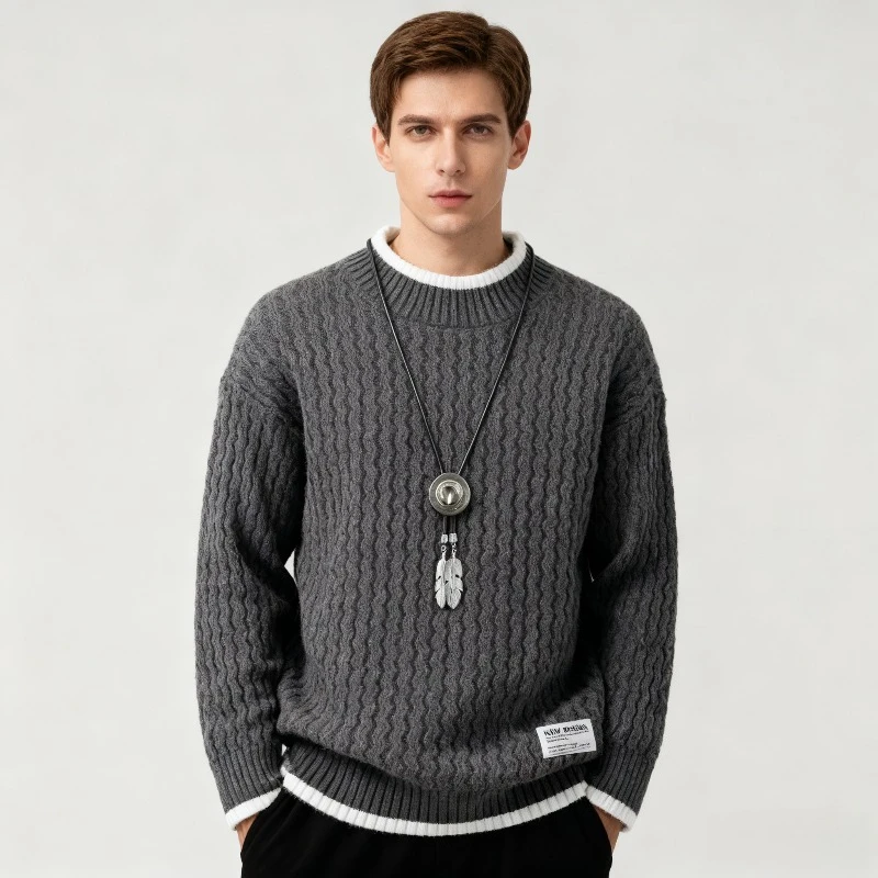 

Autumn/winter Trendy Korean Style Loose Fit Knitted Sweater For Men Casual Lazy Line Clothes Jacket Hong Kong Style