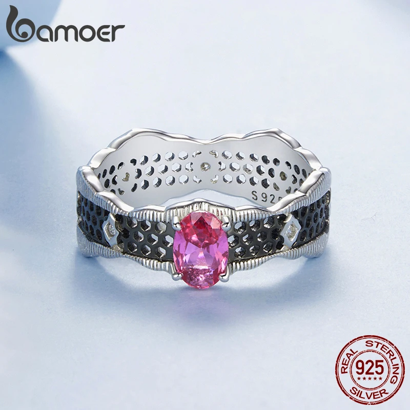 BAMOER New Authentic 925 Sterling Silver Vintage Lace Sparkling Rose CZ Finger Ring For Women Luxury AAAAA CZ Wedding Jewelry