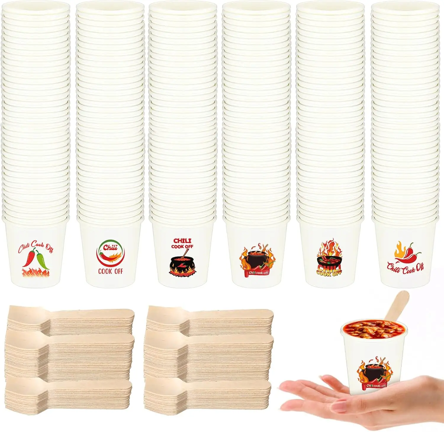 

600 Pcs 5 oz Chili Cook off Party Decorations Include 300 Pcs Disposable Paper Chili Tasting Cups and 300 Pcs Wooden Spo
