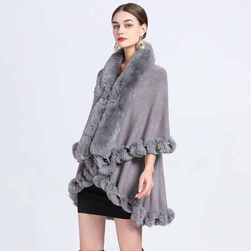 Autumn and Winter New Imitation Otter Rabbit Fur Collar Shawl Cape Women's Plus Size Knitted Cardigan Loose Jacket Women