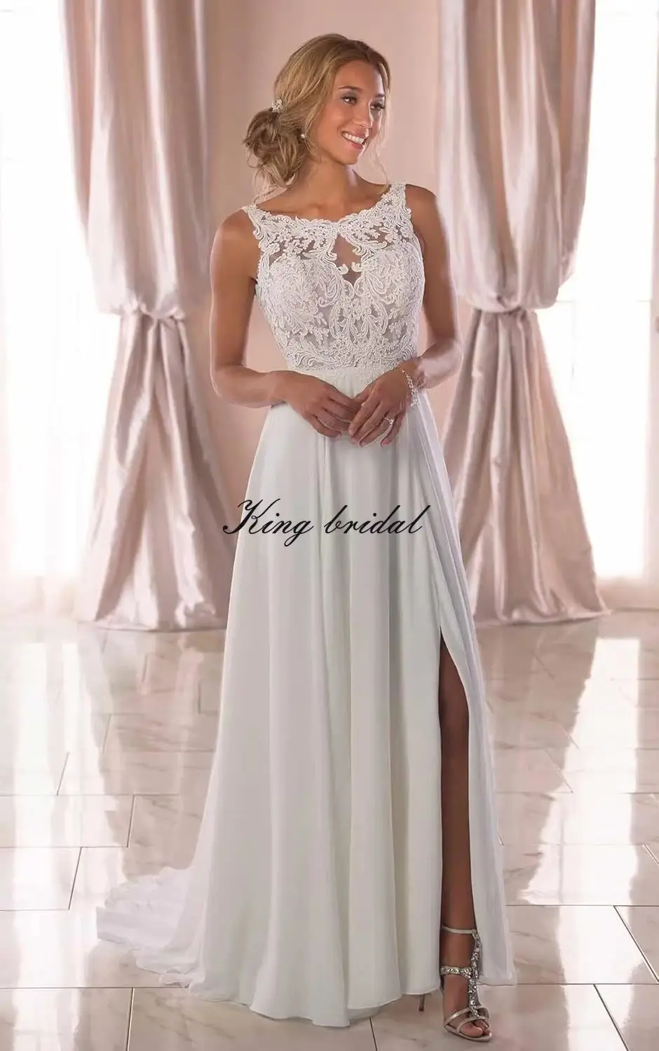 Элегантное шифоновое кружевное платье на заказ с аппликацией для невесты 2026 Длинное свадебное платье трапециевидной формы с разрезом в стиле бохо для женщин