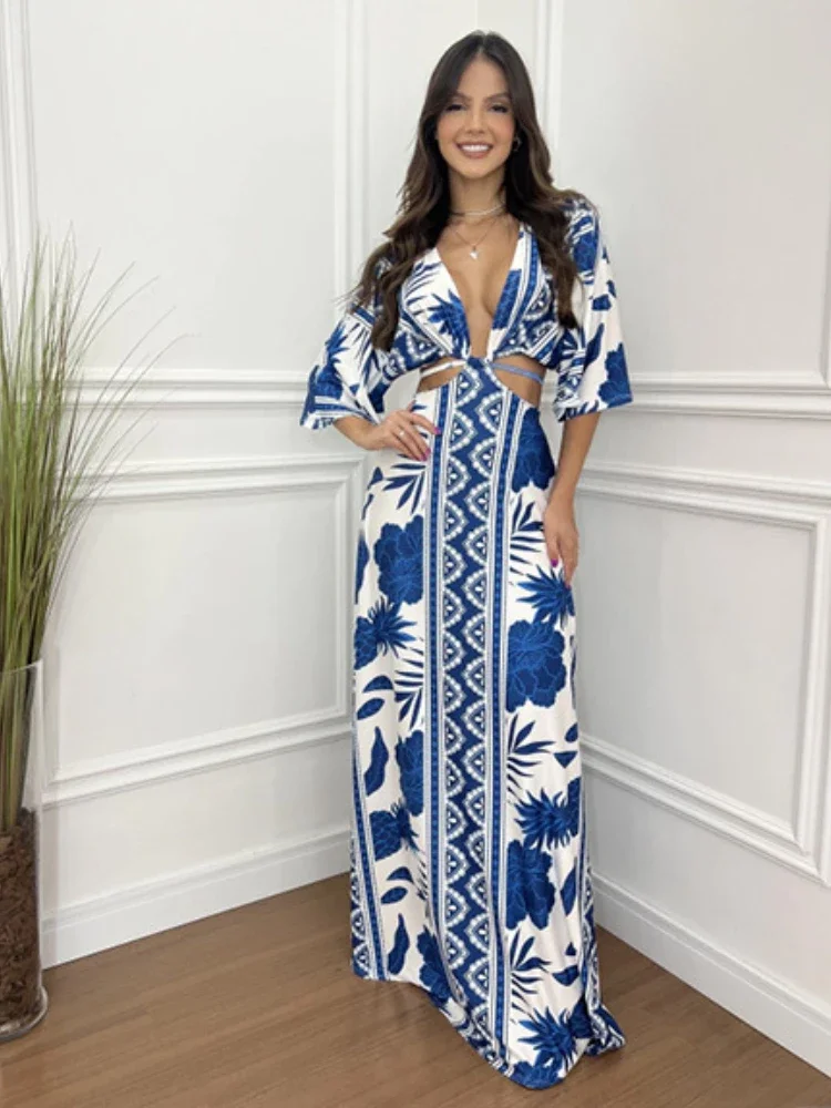 2025 Abito lungo elegante e sexy delle nuove donne di moda estiva 2025, scollo a V, temperamento stampato, abito lungo a mezza manica con blocco colore