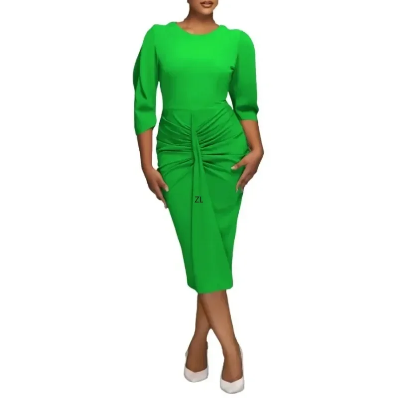 Spring Summer Fashion Office Ladies Dress Women Casual Solid Lantern Sleeves Knot Slim Dress Women