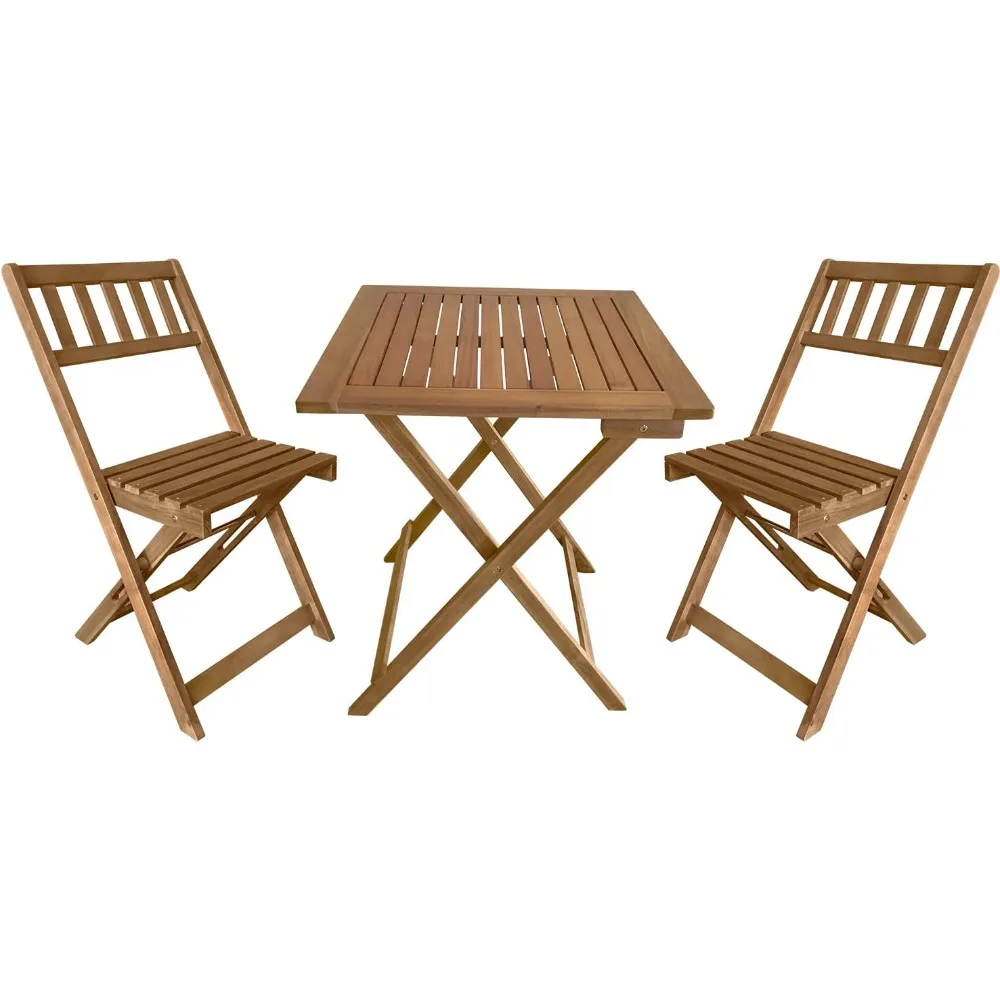

3-Piece Acacia Wood Folding Patio Bistro Set Outdoor Bistro Set Table and Chairs Set with 2 Chairs and Square Table for Pool Bea
