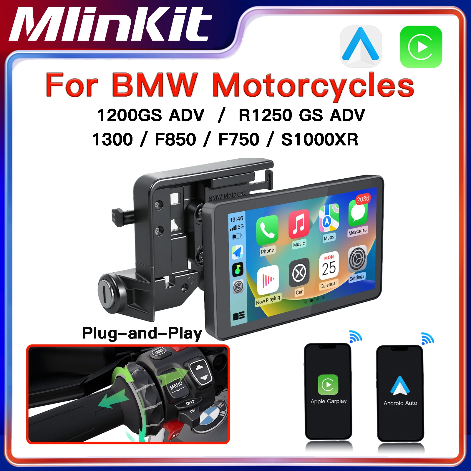 For BMW Motorcycle Portable GPS Navigation Wireless CarPlay Android auto 6-inch IPX8 Navigator 1200 1250 1300 GS ADV  F800 F850