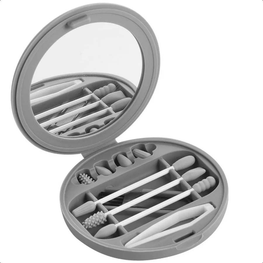 Strogem Tamponi di cotone riutilizzabili con 1 specchio per applicazioni e pulizia del trucco QTip in silicone lavabile portatile multifunzionale