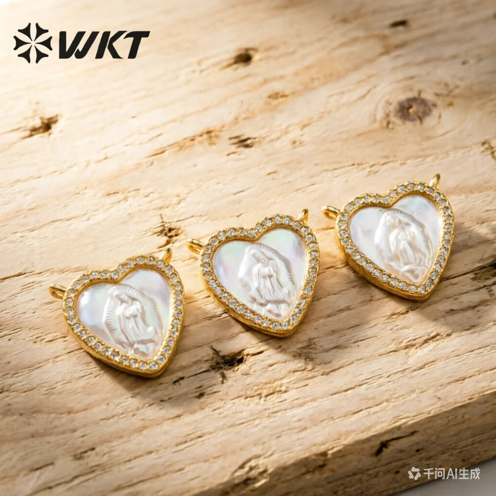 

WT-JP328 Wholesale Small MOP Shell Hand Carved Lady Virgin Mary Shape Charms Lovely Heart Religion Pendant With Micropave Zircon