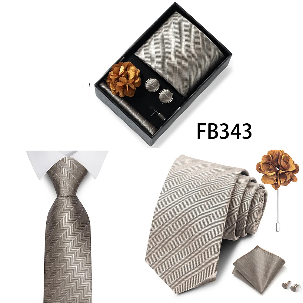 Neues Marken-Mode-Set: 8 cm Krawatte, Einstecktuch, Manschettenknöpfe und Brosche für Herren, Rot-Grau, Hochzeit, Geschenkbox, Passend für Partys – Detail 6