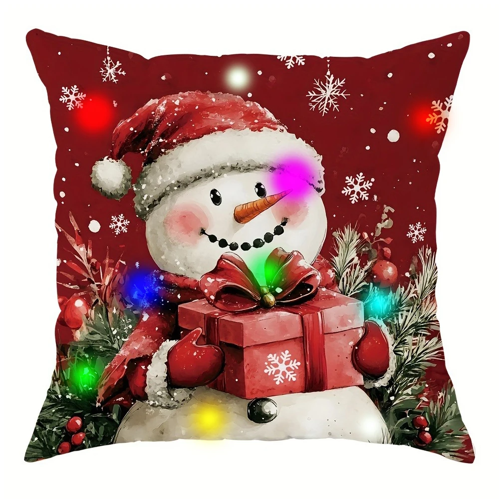 Funda de almohada luminosa con luz LED, diseño de patrón de caja de regalo de muñeco de nieve de Papá Noel, adecuada para decoración del hogar de fiesta de Navidad