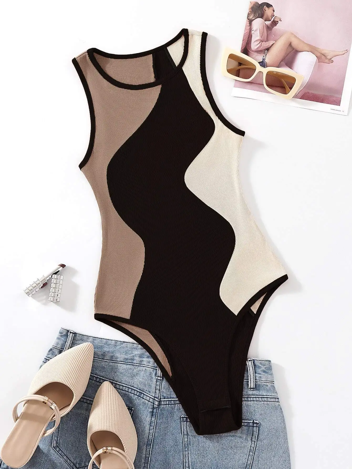 

Color-Block Ribbed Cut-Out Bodysuit with High Stretch