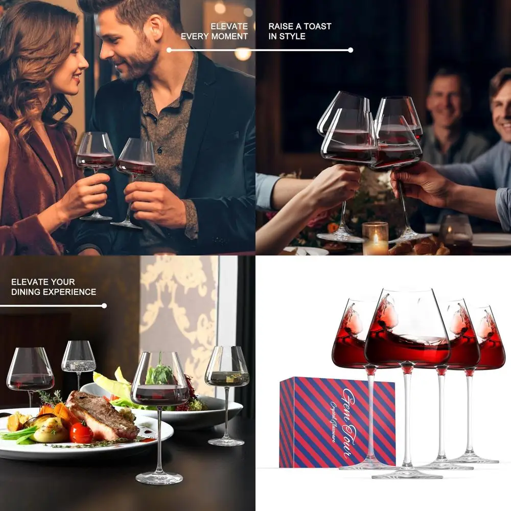 

Set of 4 Handcrafted 24 oz Balloon Stem Wine Glasses - Clear Glass for Red & White Wines, Elegant 10 Tall Stemware for Parties