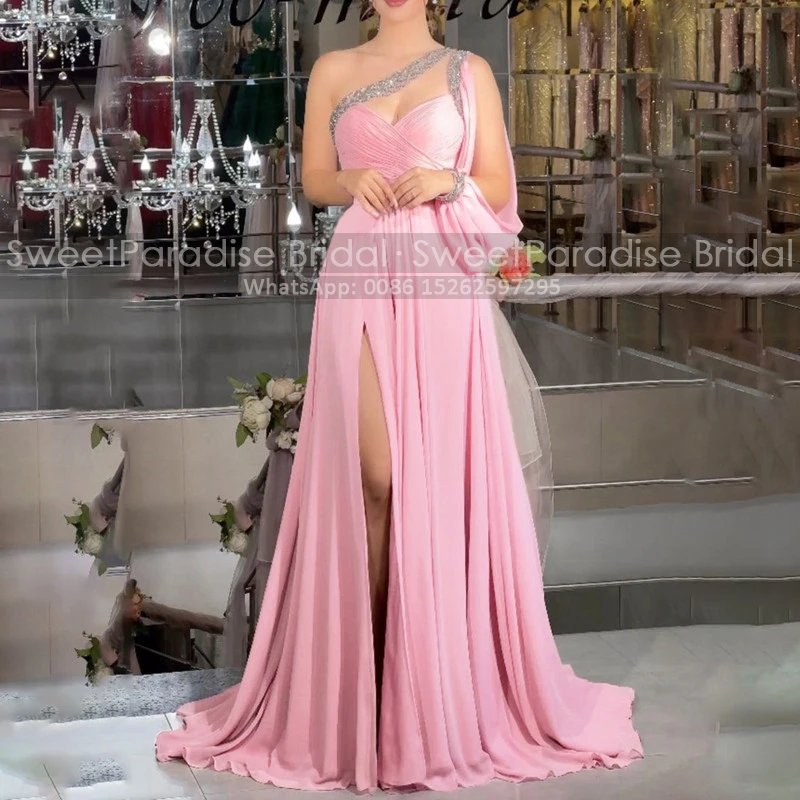 

Single Long Sleeves Evening Dress Sequins One Shoulder Customized High Slit A Line Pink Chiffon Reception Dresses Party