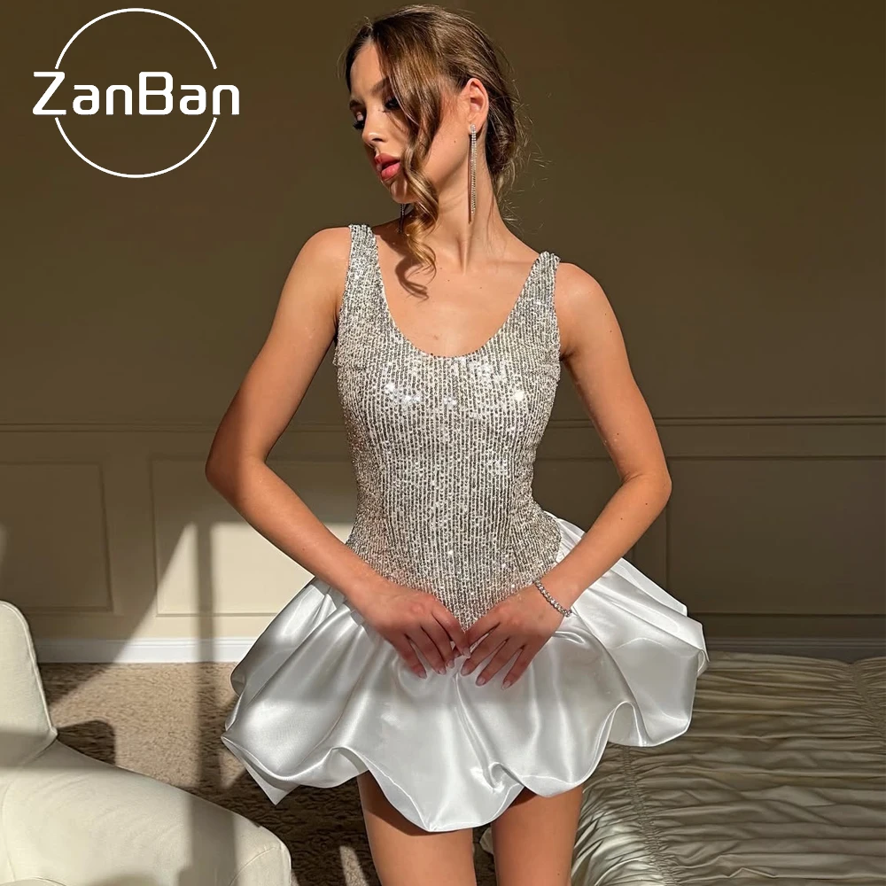 ZanBan Customised Sexy Silver Sequin Sleeveless Mini Evening Dress Satin Bubble Hem Formal Cocktail Prom Party Birthday Beach