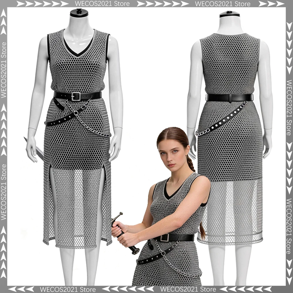 

Disguise Medieval Knight Templar Faux Cosplay Chainmail Dress Women Costume Halloween Female Role Play Party Outfit Dress Up