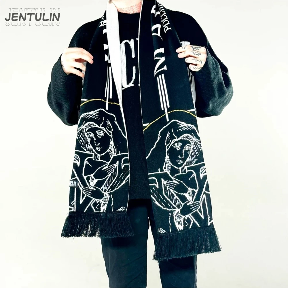 Men Scarf Winter Y2k Streetwear Black Knitted Marselin Gothic Shawl Scarves Korean Harajuku Hip Hop Punk Warm Unisex Accessories