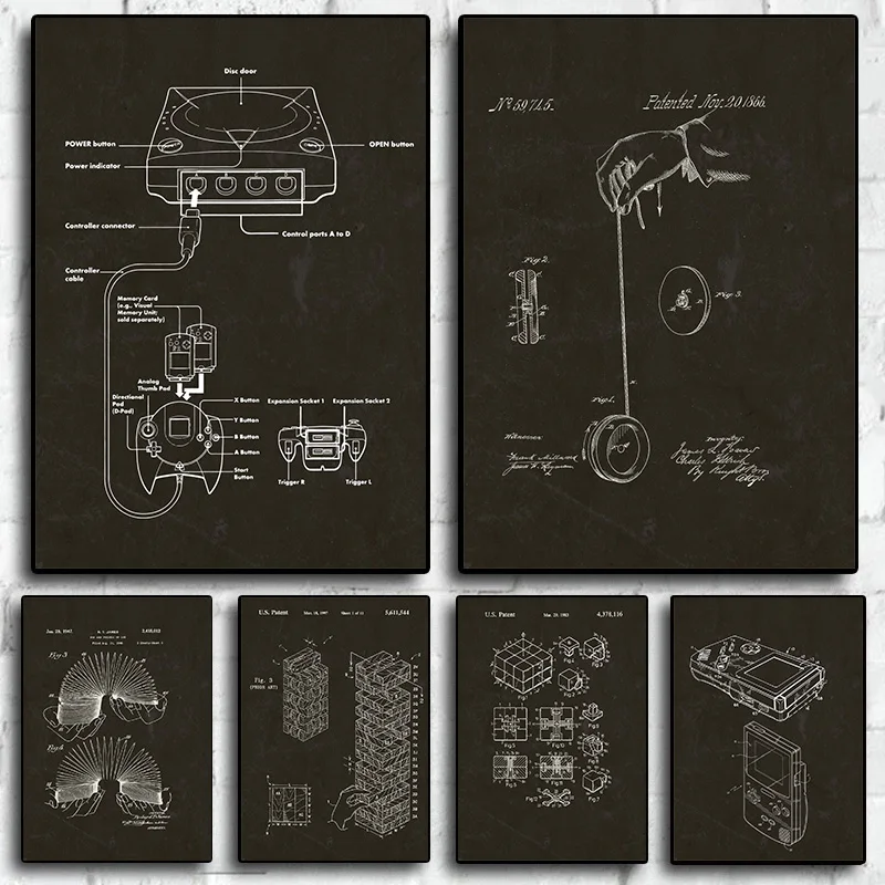 Vintage Toy Patent Blueprint Slinky,Jenga,Yo-yo,Rubiks Cube Poster Canvas Painting Invention Wall Pictures Kids Room Decor Gift