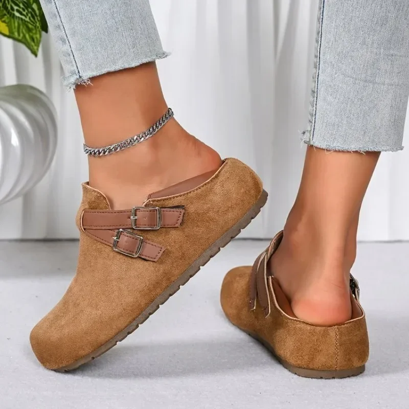 Double Buckle Women Two Ways Wear Mules Clogs Closed Toe Backless Slip on Slides Arch Support Flat Casual Shoes Outdoor Walking