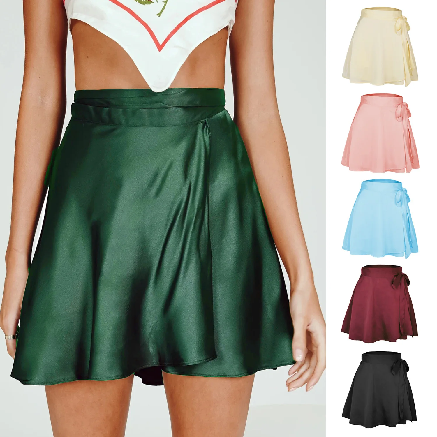 

FashiWomen Satin Wrapped Skirt Hight Waist Kawaii Lolita Ruffle Silk Mini Skirts Clothing Summer