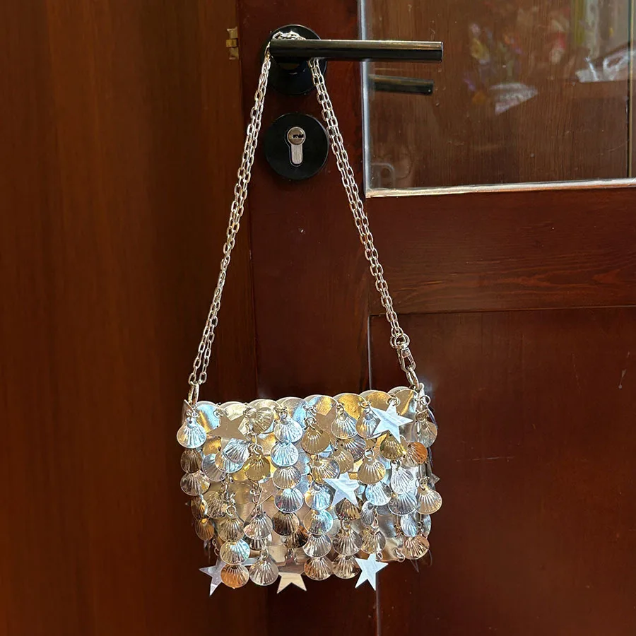 

Retro Sequin Tassel Shoulder Bag American Casual Fashion Spring Summer New Shiny Beaded Women's Chain Crossbody Bags