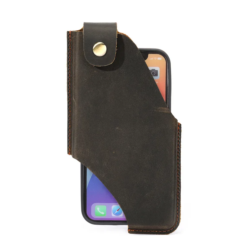 Men's genuine leather mobile phone wallet, construction site mobile phone small pouch, construction site work belt-waist bag