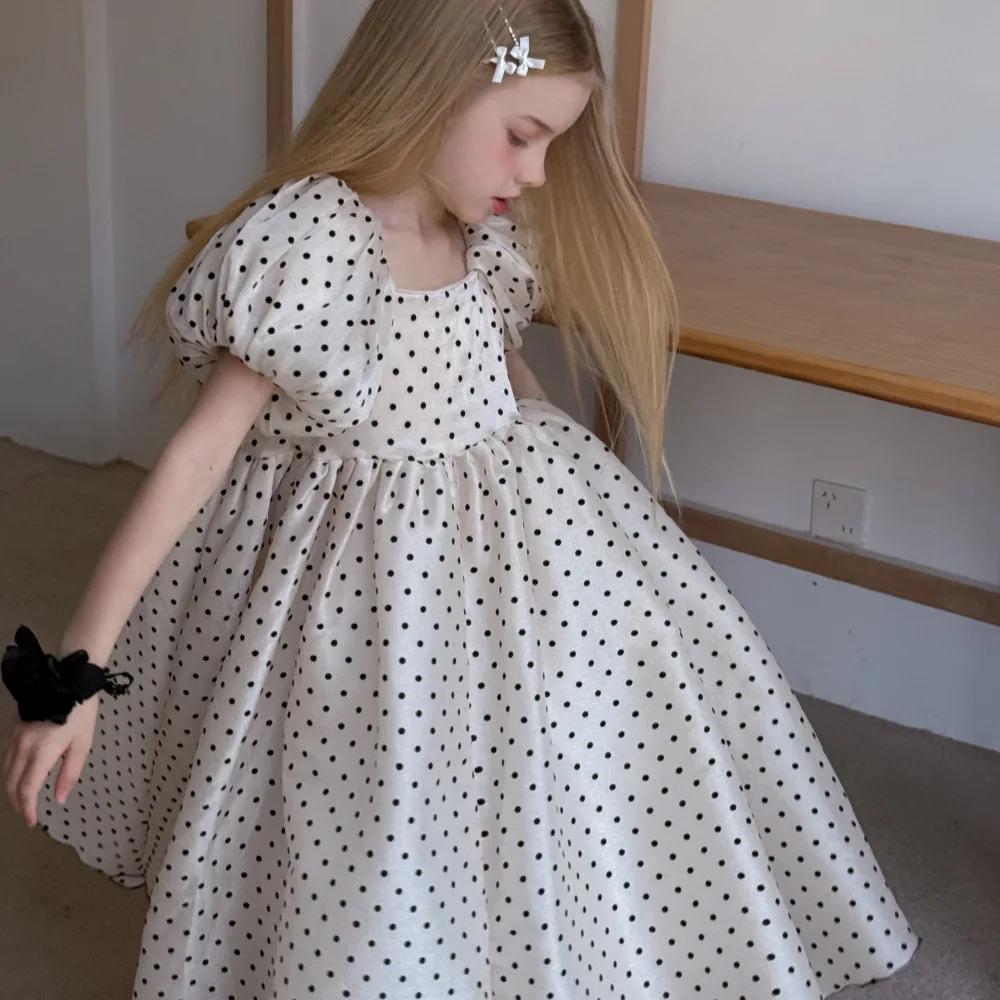 

2025 Korean Spring and Summer Polka Dot Princess Dress for Girls Baby Girl with Bubble Sleeves Sweet Polka Dot Yarn Dress