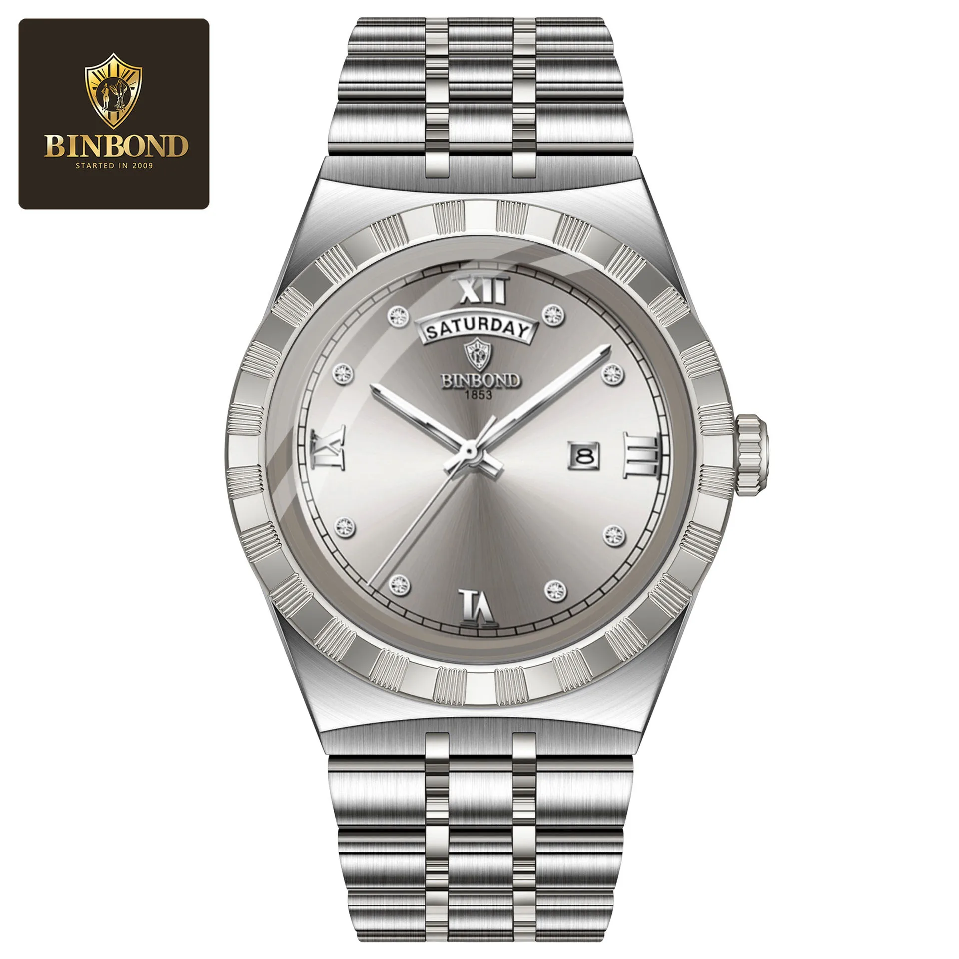 BINBOND ساعات رجالية 9356 موضة بسيطة ساعة كوارتز أصلية للرجل الملمس الهاتفي الفولاذ المقاوم للصدأ تاريخ الأسبوع الاتجاه فستان