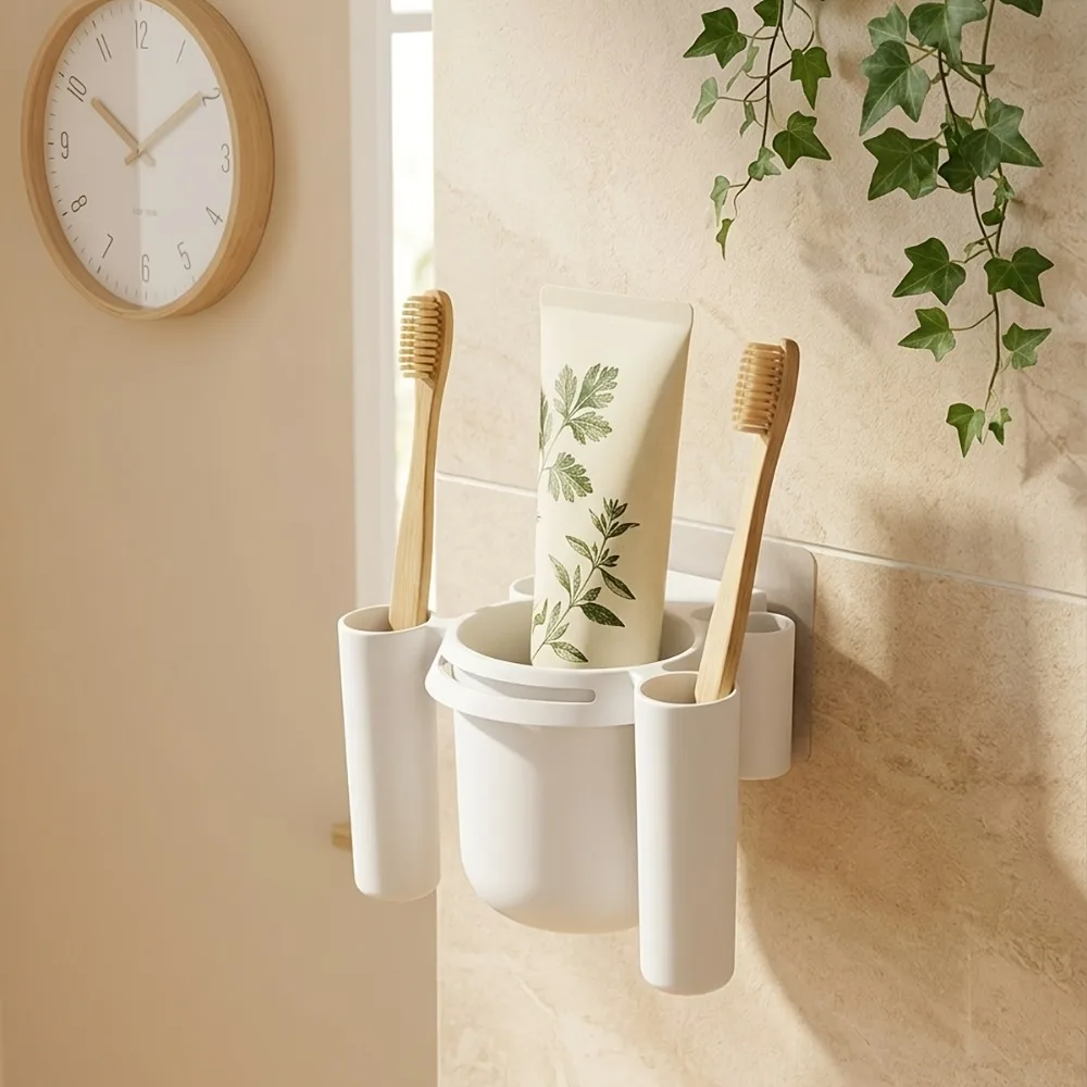 No-DrillWallMountedToothbrushHolderBathroomOrganizerPunch-FreeToothpasteStorageRackwithMulti-CompartmentforHome-AliExpress