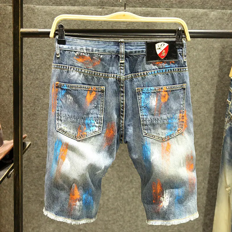 New Summer Trendy Graffiti Printed Ripped Slim-fitting Small Feet Elastic Denim Shorts Pants Breeches Designer Men's Jeans