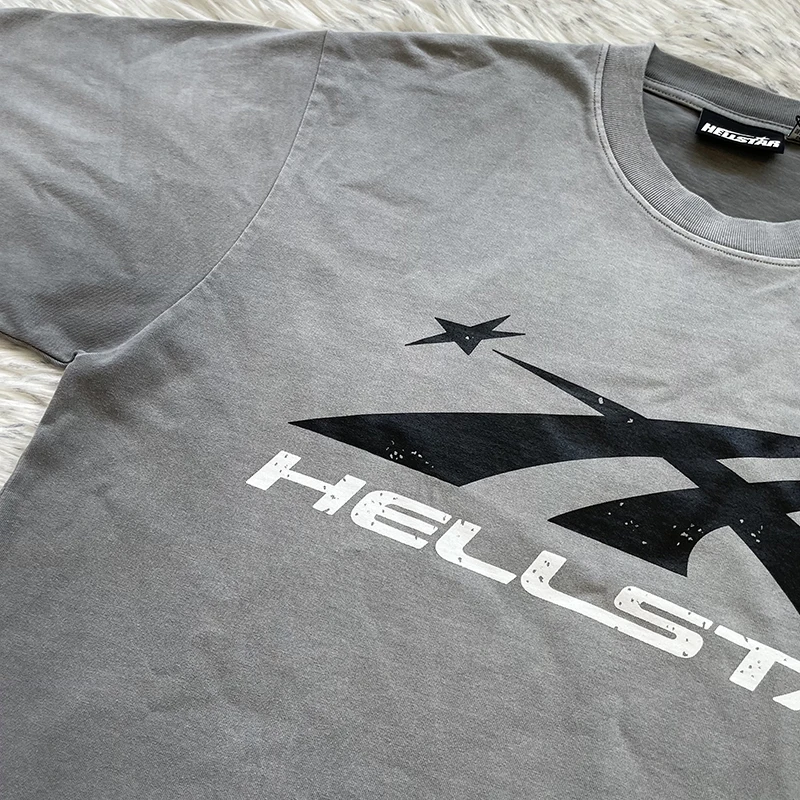 Pure Cotton Short Sleeve T-Shirt Youth Fashion Summer Season Washed Grey Logo Design round Neckline Standard Fit Male Apparel