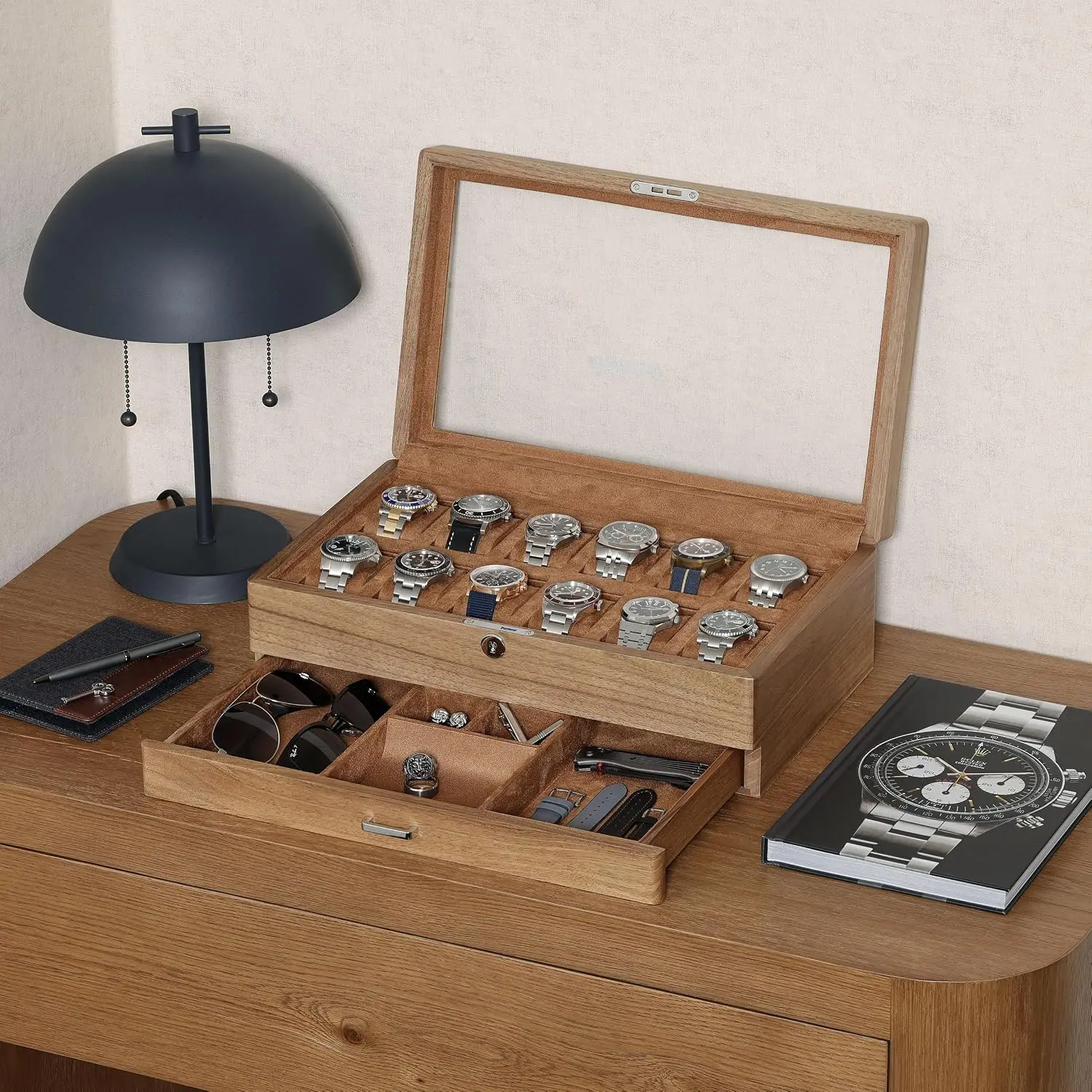 12-Slot Solid Walnut Watch Box with Valet Drawer - Premium Jewelry Display Case Organizer with Locking Glass Top
