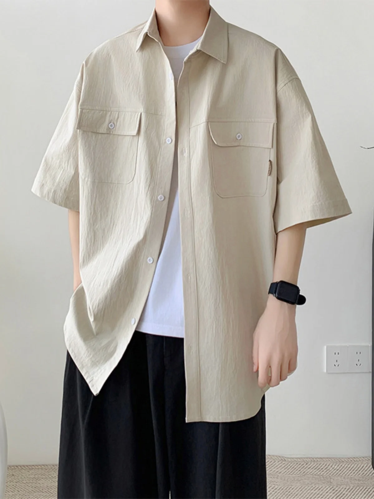 

Khaki Workwear irt Men's ort Sve Summer Trendy Brand Lazy Sle High-End y irt Loose Fit Button Detail Polyest...