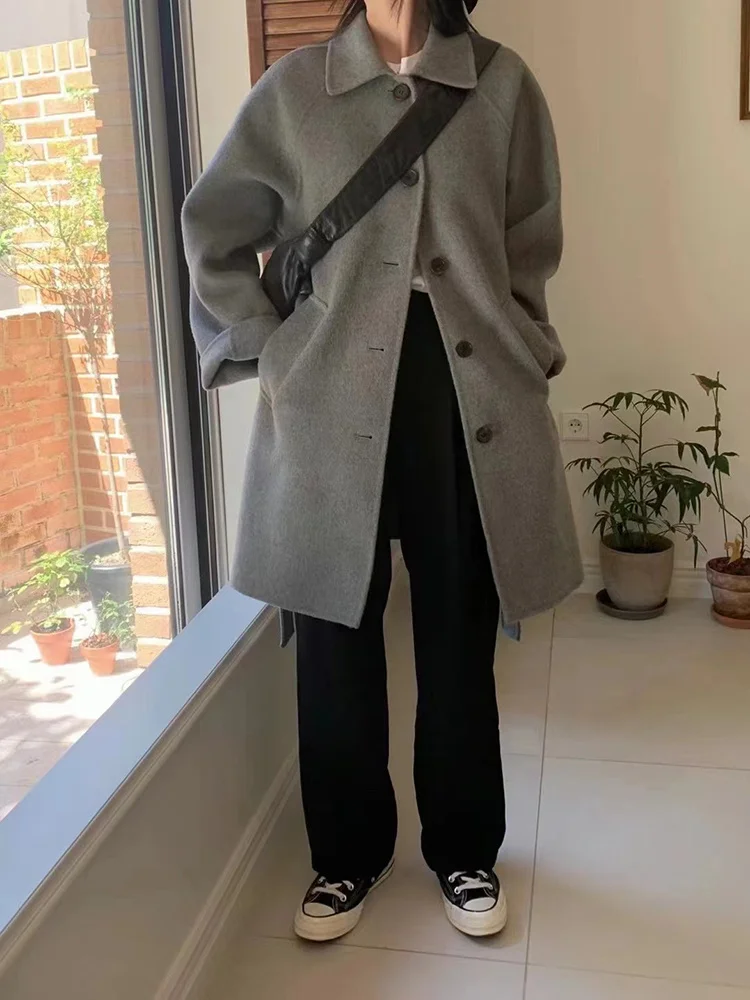 

2023 Korea East Gate Single Breasted Hand Sewn Double Sided Fleece Coat Loose Medium Length Warm Wool Coat