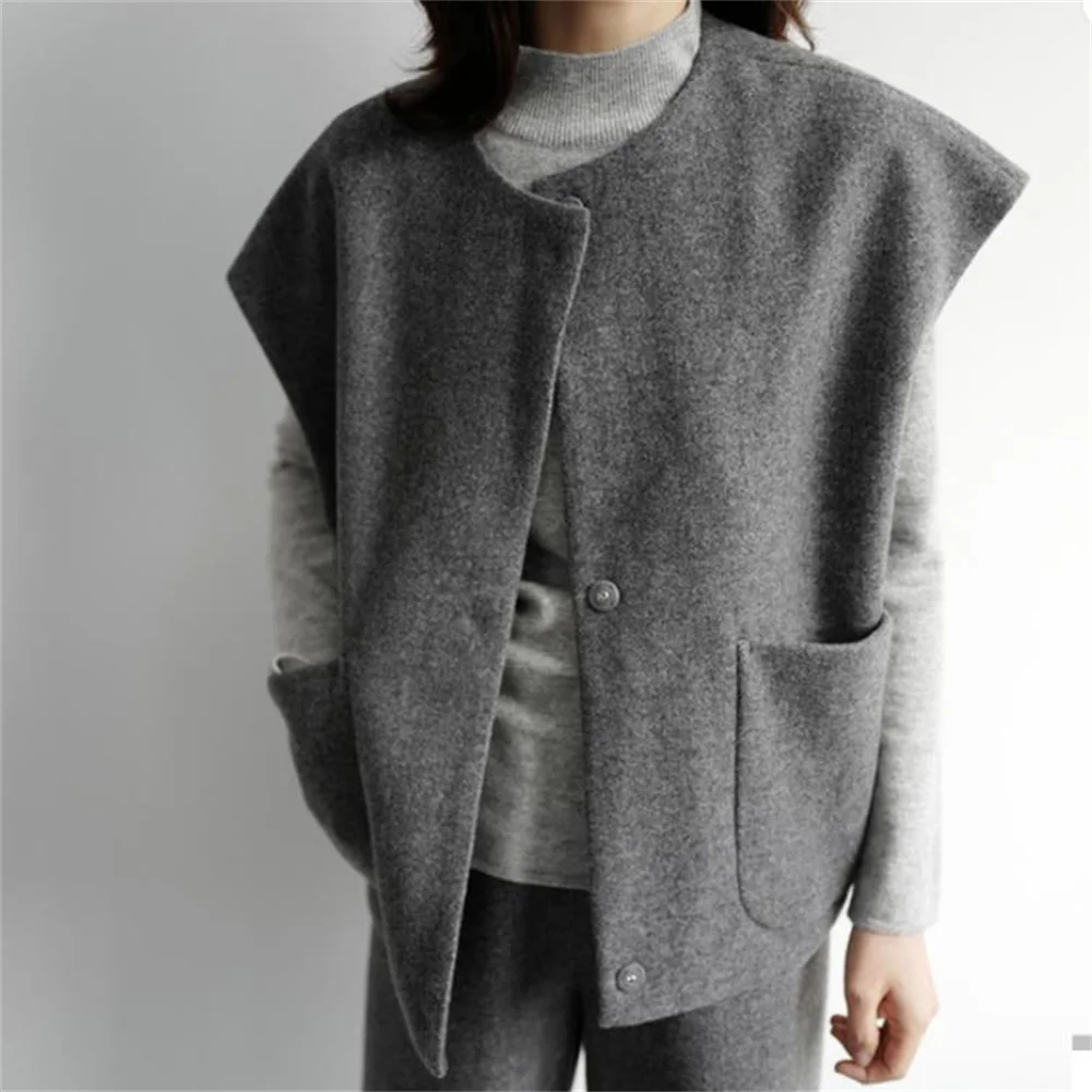 

New style suit collar autumn vintage loose simple sleeveless suit woolen vest coat pocket 4xl