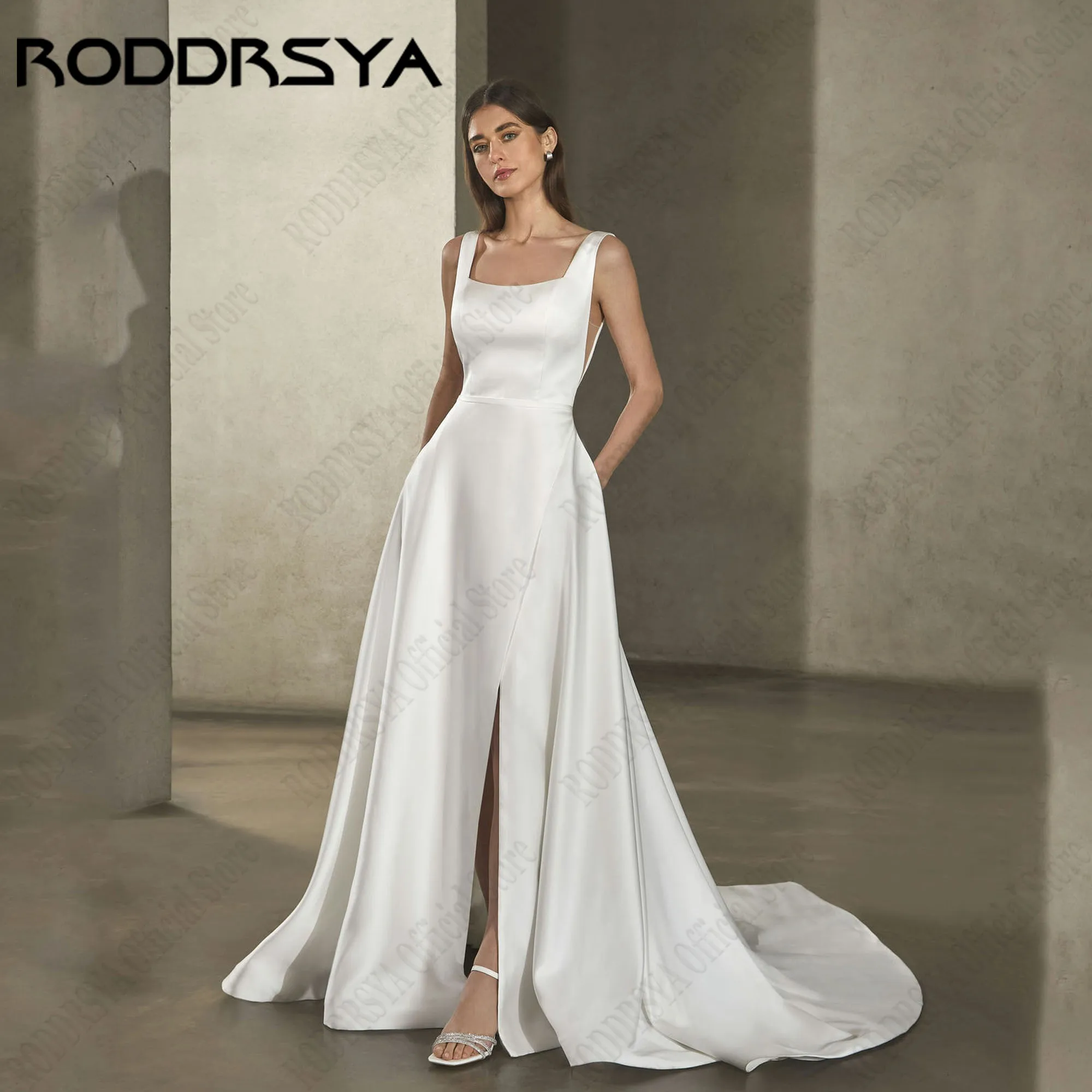 

RODDRSYA Square Neck Satin Wedding Dresses Side Slit A-Line Simple Gowns For Bride Sleeveless Backless فساتين سهرة Customized