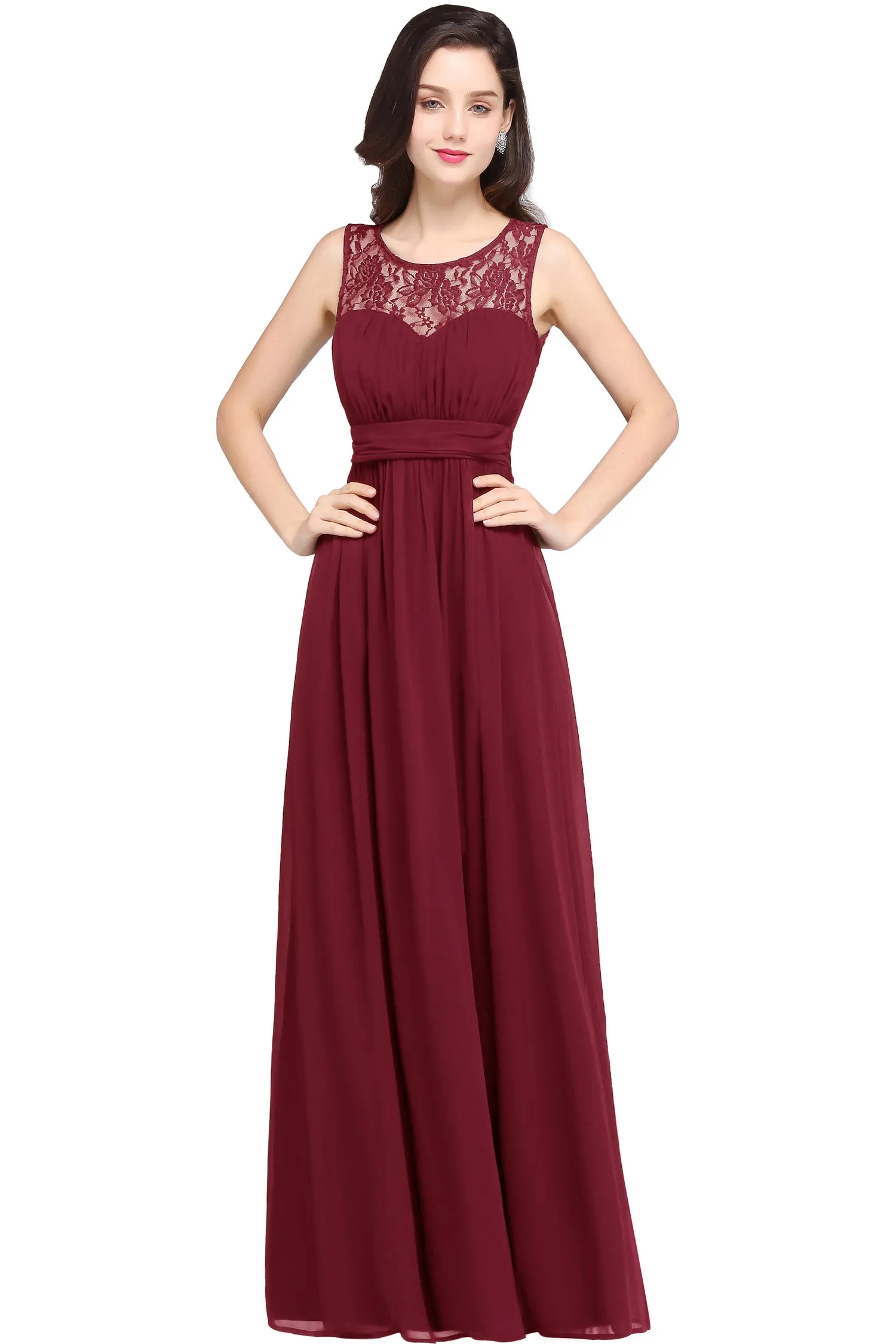 

Burgundy Lace See-through Back Evening Dresses Sleeveless Floral O-Neck Elegant Prom Gown Chiffon A-Line Floor-Length Dress