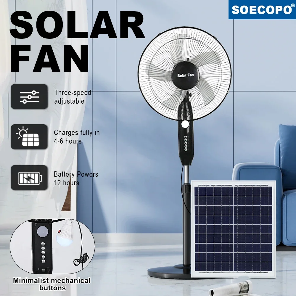 SOECOPO 10H Runtime Solar Fan with Solar Panels Blackout Emergency USB Port & Night Light 3 Speed Adjustable Portable Fan Home
