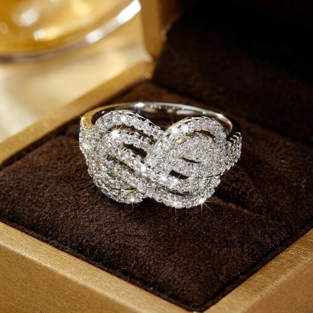 Kreuzknoten-Ring aus Kubischem Zirkonia und Kupfer für Frauen, Verflochtenes Seil-Design, Symbolischer Minimalistischer Stapelbarer Fingerschmuck – Detail 5