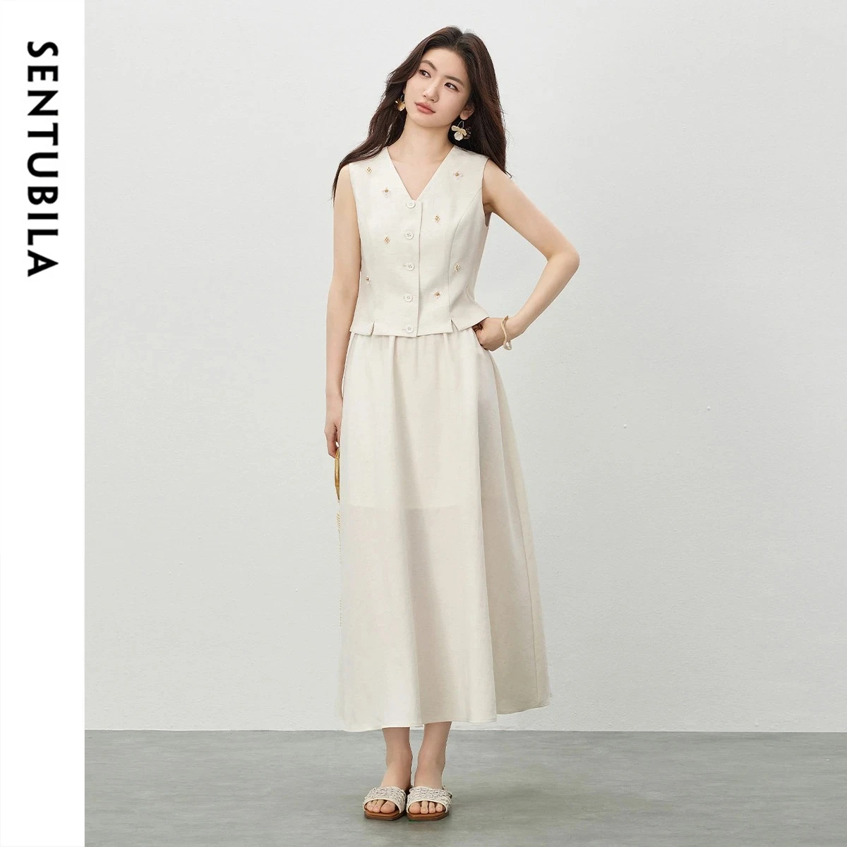 

SENTUBILA Women Color-block Beaded Vest Split A-line Skirt Two-piece Set 2026 Summer Commuter Simple Office Wear 162ZA6306