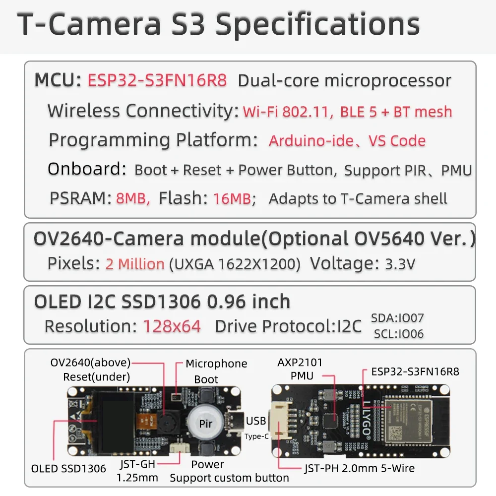 LILYGO®T-Camera S3 Φ 2 миллиона пикселей HD-камера FLASH 16 Мб ESP32-S3 с 0,96 