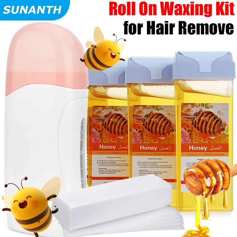 3 In 1 Roll on Waxing Kit with Cartridges Strips Soft Wax Heater Hair Removal Kit Includes Wax Paper for Professional & Home Use