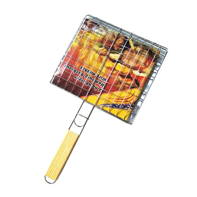 Wood Handle Outdoor BBQ Grill Basket Iron Wire Fish Basket For Grilling Barbeque Grill Accessories Grilled Fish Clip