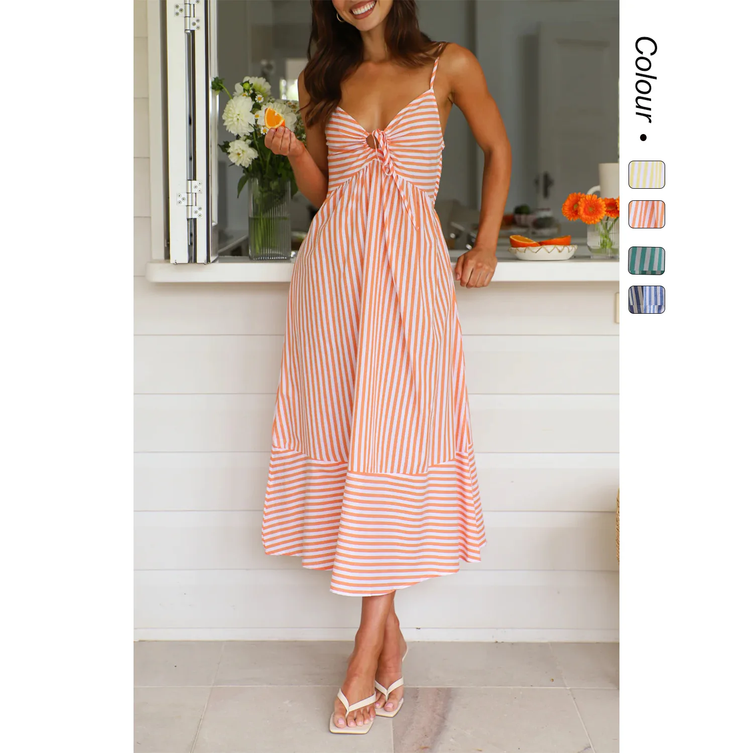 

Summer European And American Women's Clothing V-neck Striped Suspender Dress