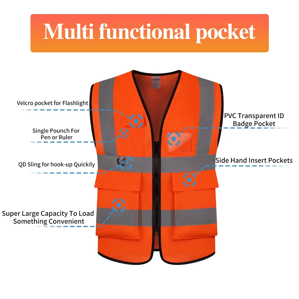 Hi Viz Rompi Safety Oranye dengan Kantong dan Ritsleting Seragam Pakaian Safety Rompi Neon Pekerjaan Konstruksi ANSI Kelas 2
