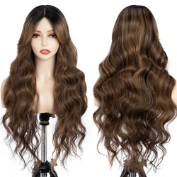 Synthetic Lace Wigs Water Wave 28 Inch Brown Chestnut Wig with Bang Lace Wig Ombre Brown Cosplay Wigs For Women Lace Front Wig