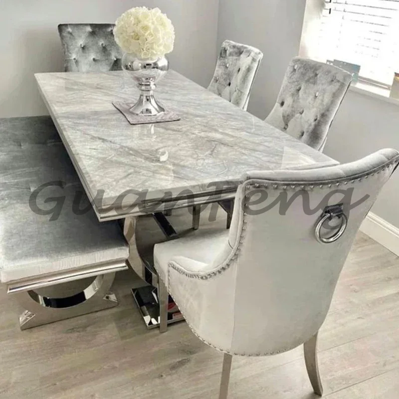 Silver‑Tone Dining Table Set With 4 Chairs, Modern Dining Room Restaurant Dinner Table and Chair Home Furniture Kit