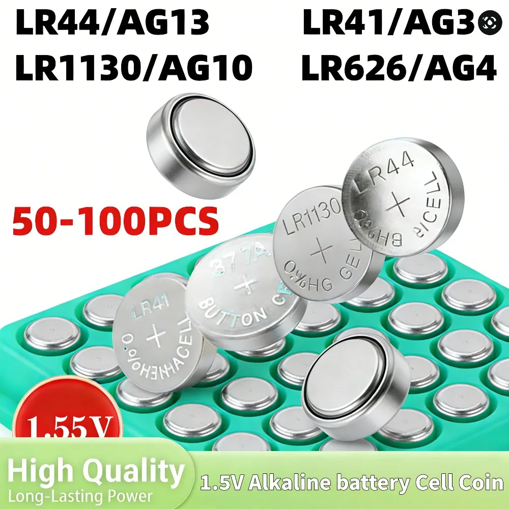 

50-100PCS 1.5V AG13 Alkaline Button Battery Assortment LR44 LR41 LR1130 LR626 for Watch Toy Small Electronics