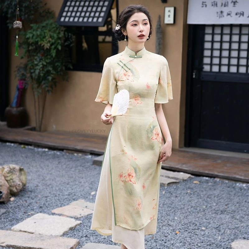 

Vietnam Traditional Aodai Dress Chinese Improved Qipao National Flower Print Cheongsam Dress Retro Evening Banquet Dress