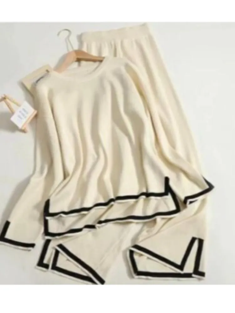 Conjunto de punto de retales a la moda para mujer, Tops informales de manga larga con cuello redondo y pantalones de pierna ancha, conjuntos de 2 piezas, ropa de calle para mujer