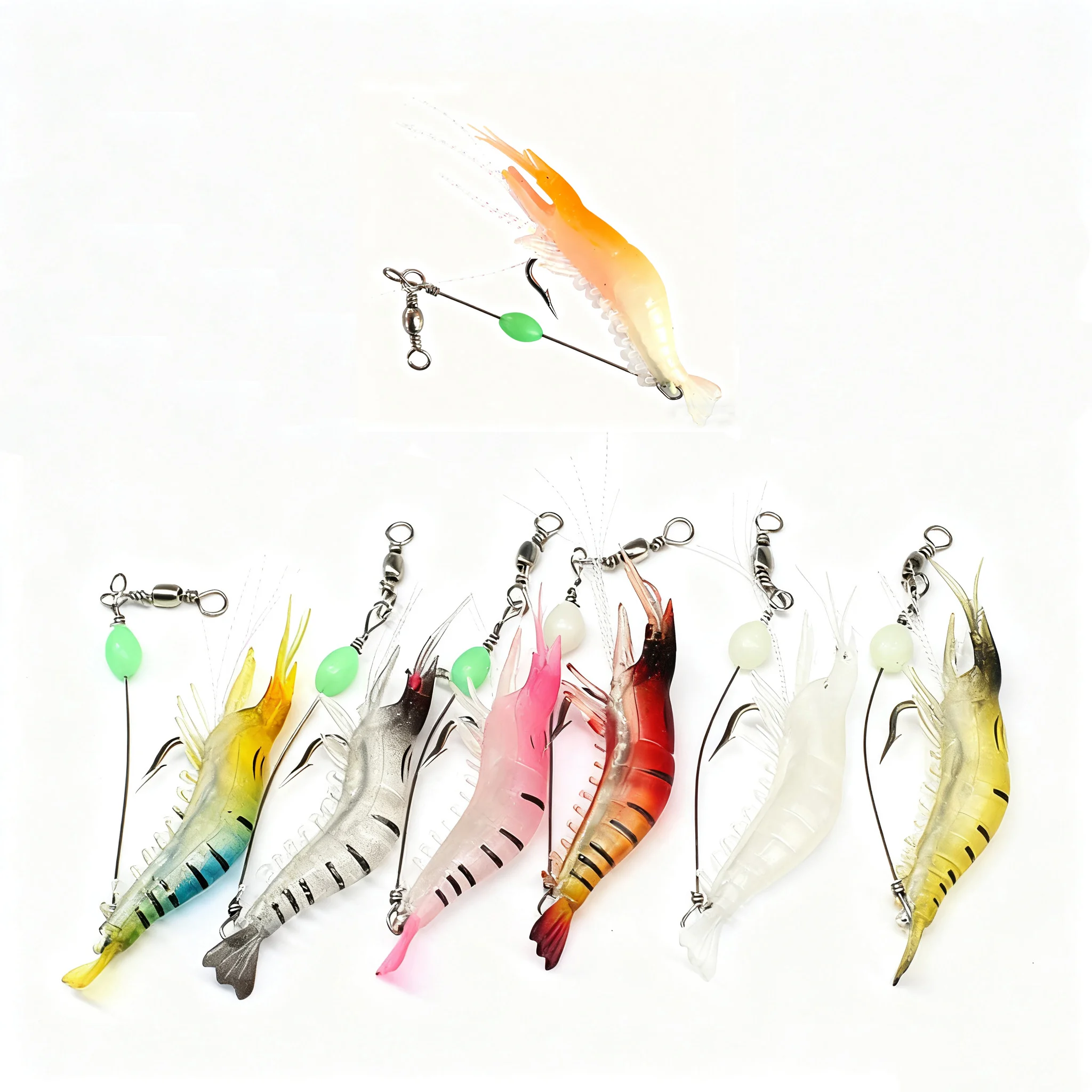 Señuelo de pesca de camarones de simulación, 7 Uds., con cuentas luminosas, gancho giratorio, pesca de carpa y camarones realista, cebo Artificial para pesca de camarones