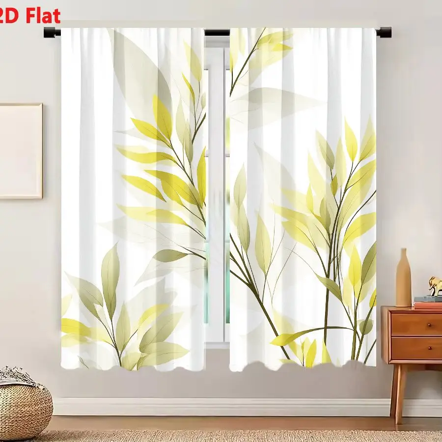 2Pcs Curtains 2D Flat Delicate Stylized Plant Branches With Yellow Light Green White Elongated Oval Leaves Semi Transparent Arra